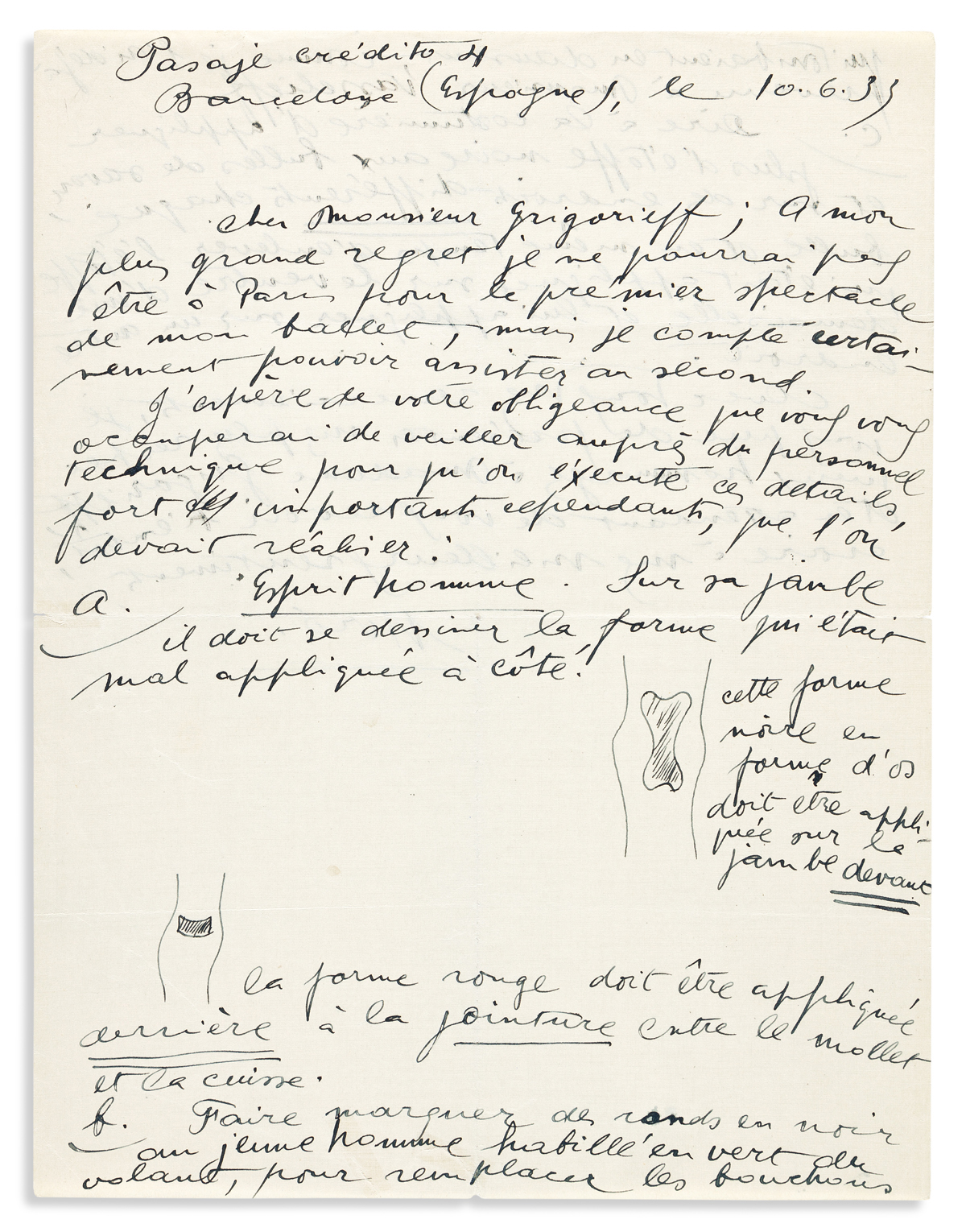 MIRÓ, JOAN. Autograph Letter Signed, Miró, to Ballets Russes director Serge Grigoriev, with two small ink drawings.